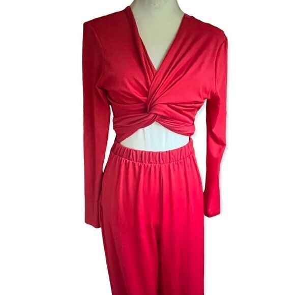 ZAFIRA SASHA SELF TIE CONVERTIBLE LONG SLEEVE WIDE LEG JUMPSUIT HIBISCUS RED S - Picture 8 of 13